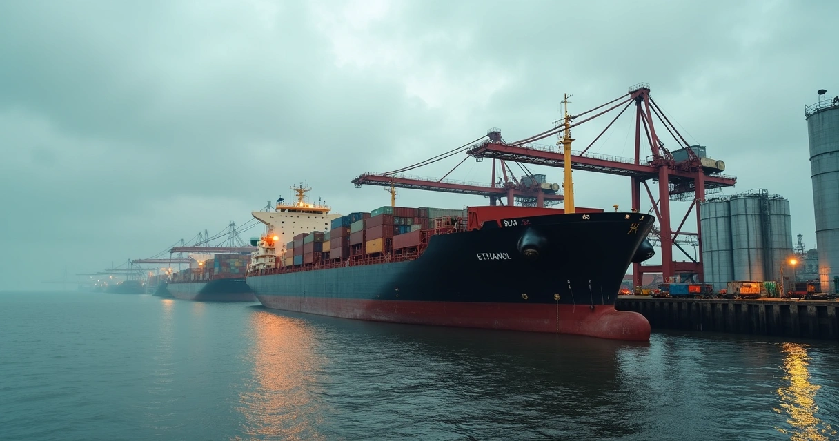 Navios transportando açúcar e etanol em porto com silos e gruas, céu cinzento e filas de caminhões 