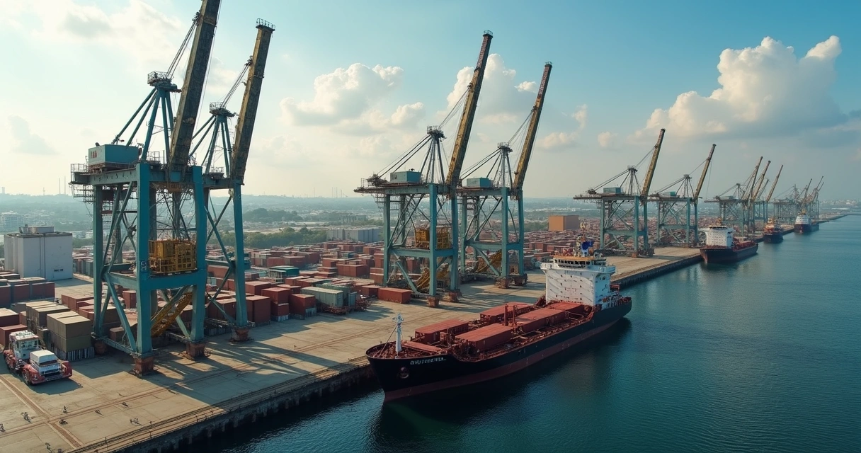 Visão panorâmica de um terminal portuário brasileiro com contêineres, grãos armazenados em silos e navios cargueiros ao fundo 