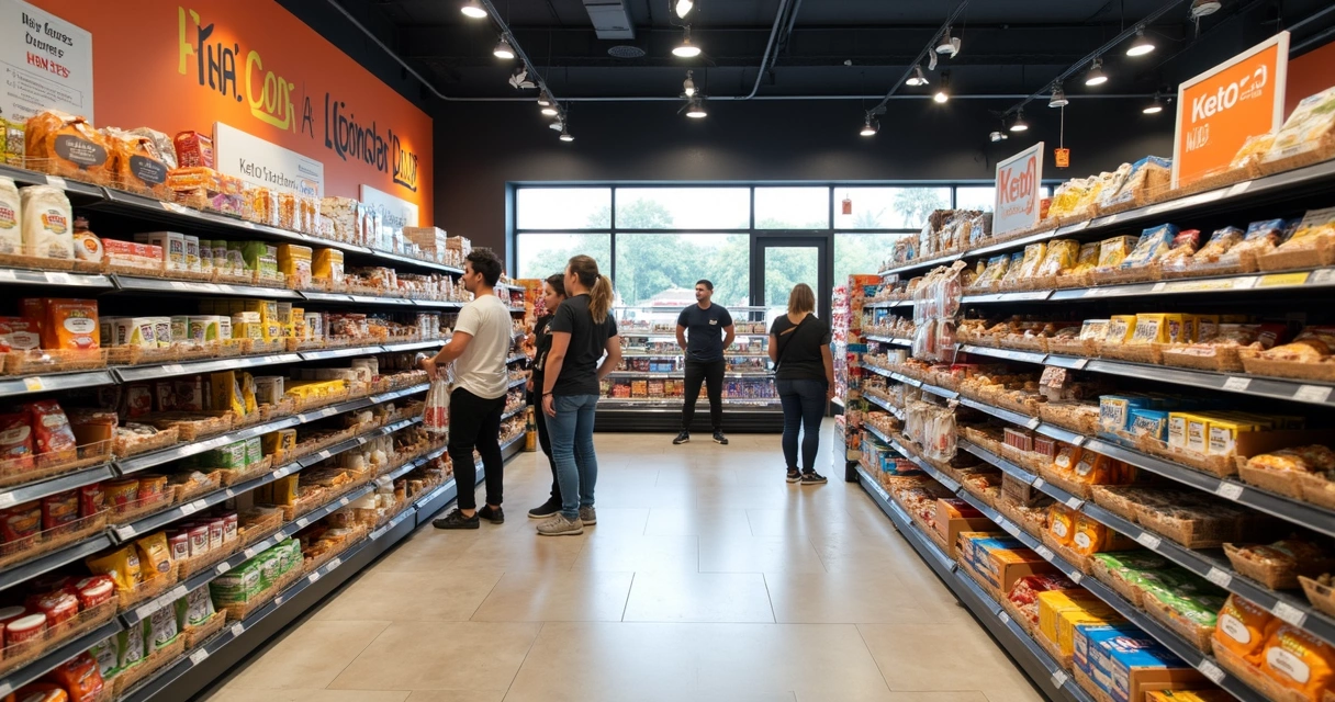 Prateleiras de supermercado com opções keto em destaque 