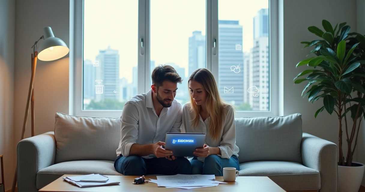 Sala de estar moderna com casal jovem assinando contrato digital de aluguel em tablet 