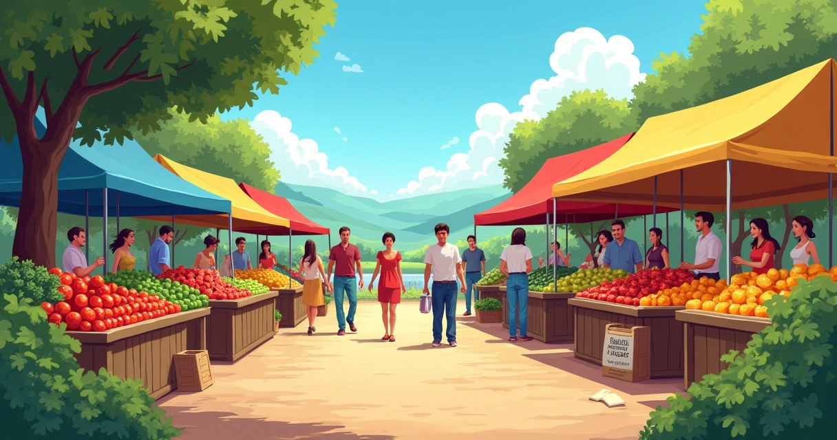 Mercado de agricultores com frutas e verduras locais em um ambiente ensolarado, destacando opções saudáveis.