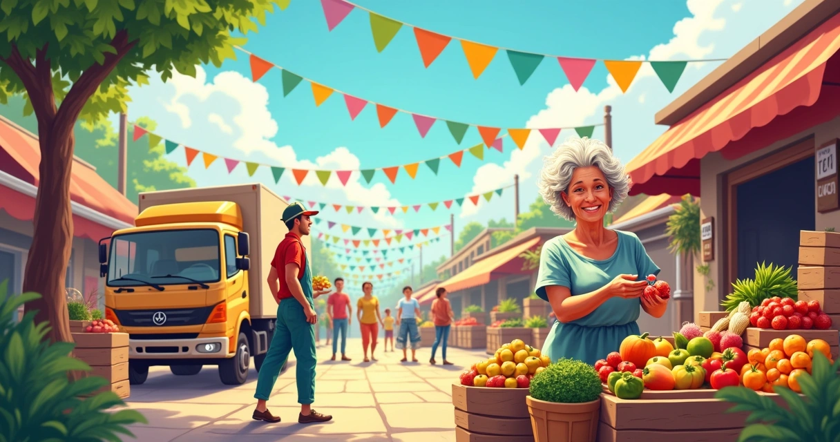 Mercado local com vendedor alegre e clientes interagindo, destacando vantagens de fornecedores locais no dropshipping.