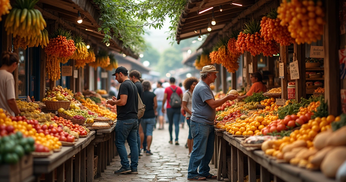 Bancas de feira com frutas, pessoas comprando com alegria