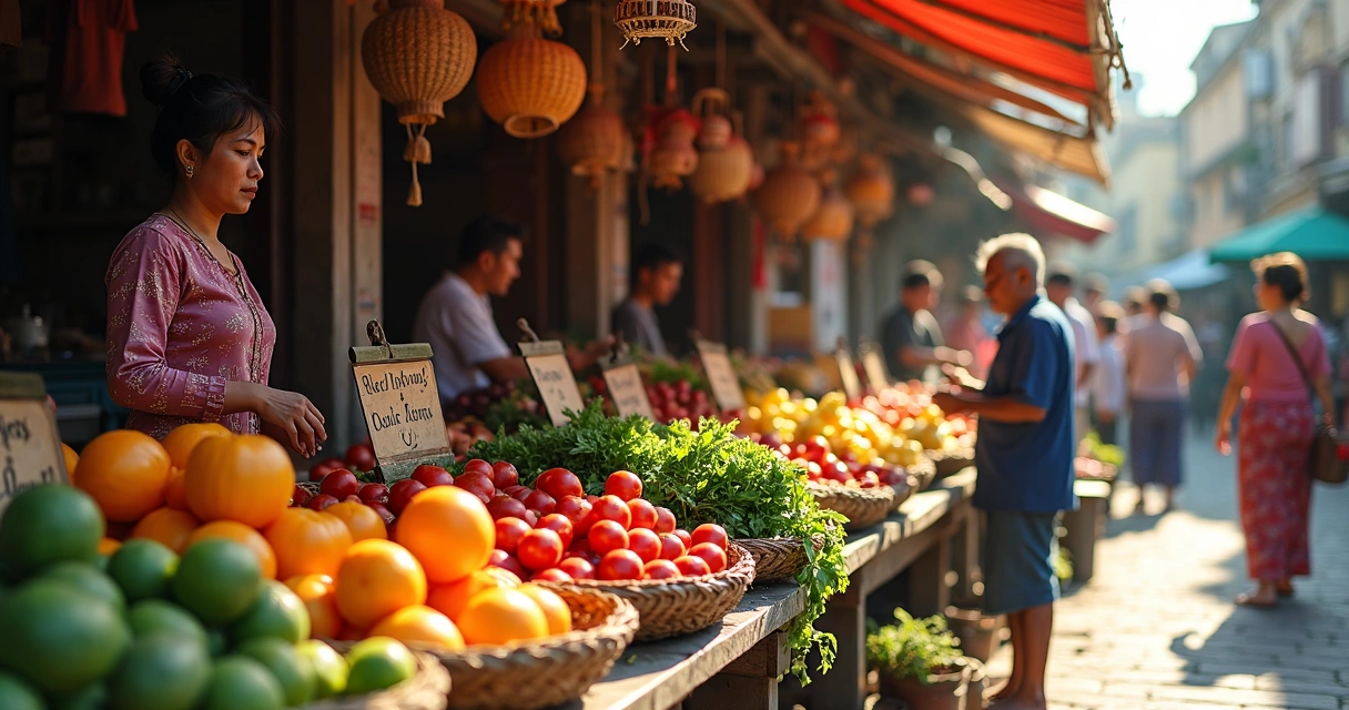 Bancas de um mercado local com frutas e moradores interagindo