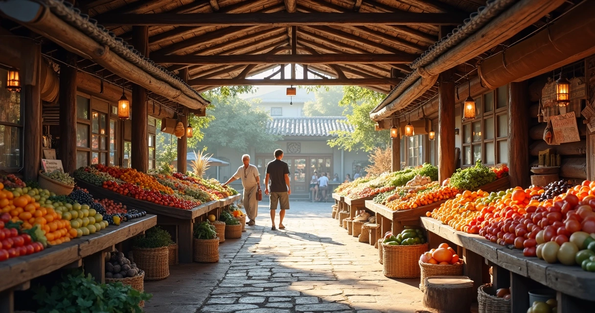Mercado local no interior com barracas de frutas e moradores 