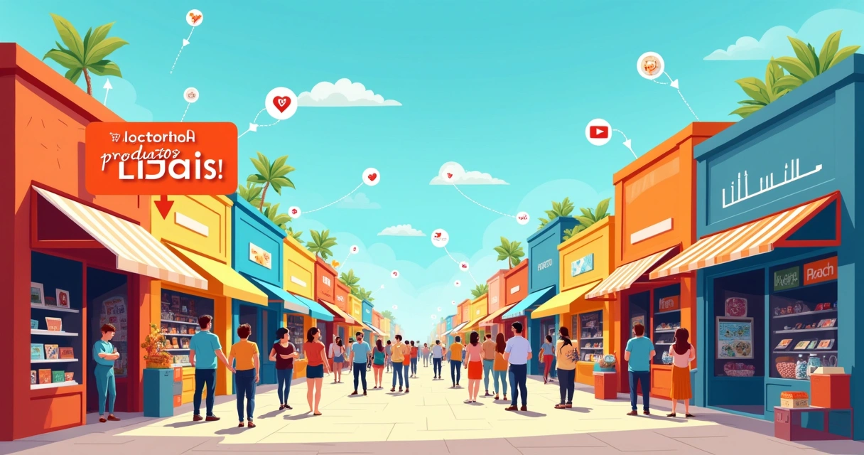 Ilustração de um mercado vibrante com lojas locais e pessoas interagindo, destacando produtos e SEO.