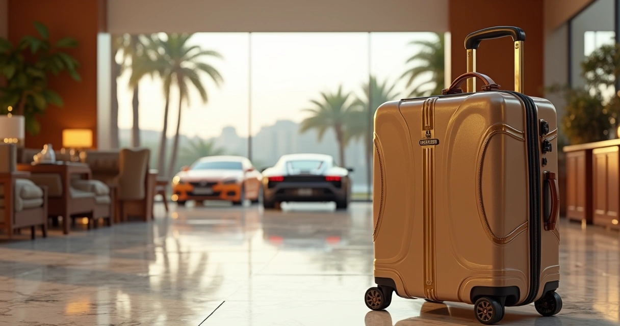 Viagem de luxo com mala elegante e paisagem sofisticada 