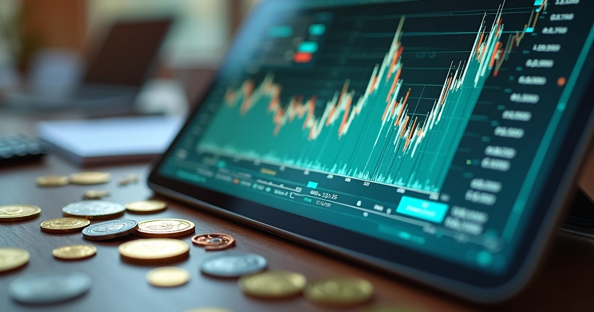 Mesa com moedas de metais preciosos ao lado de gráficos financeiros digitais mostrando estratégias de hedge para metais em 2025 