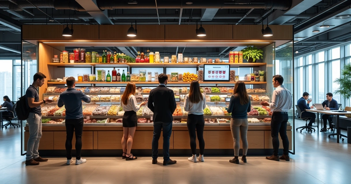 Mercado modular instalado em espaço de coworking moderno 