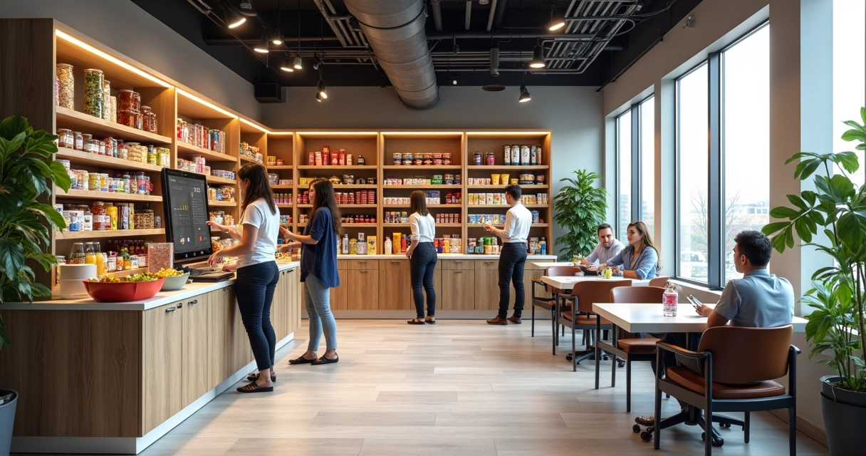 Mini mercado modular montado em espaço corporativo 