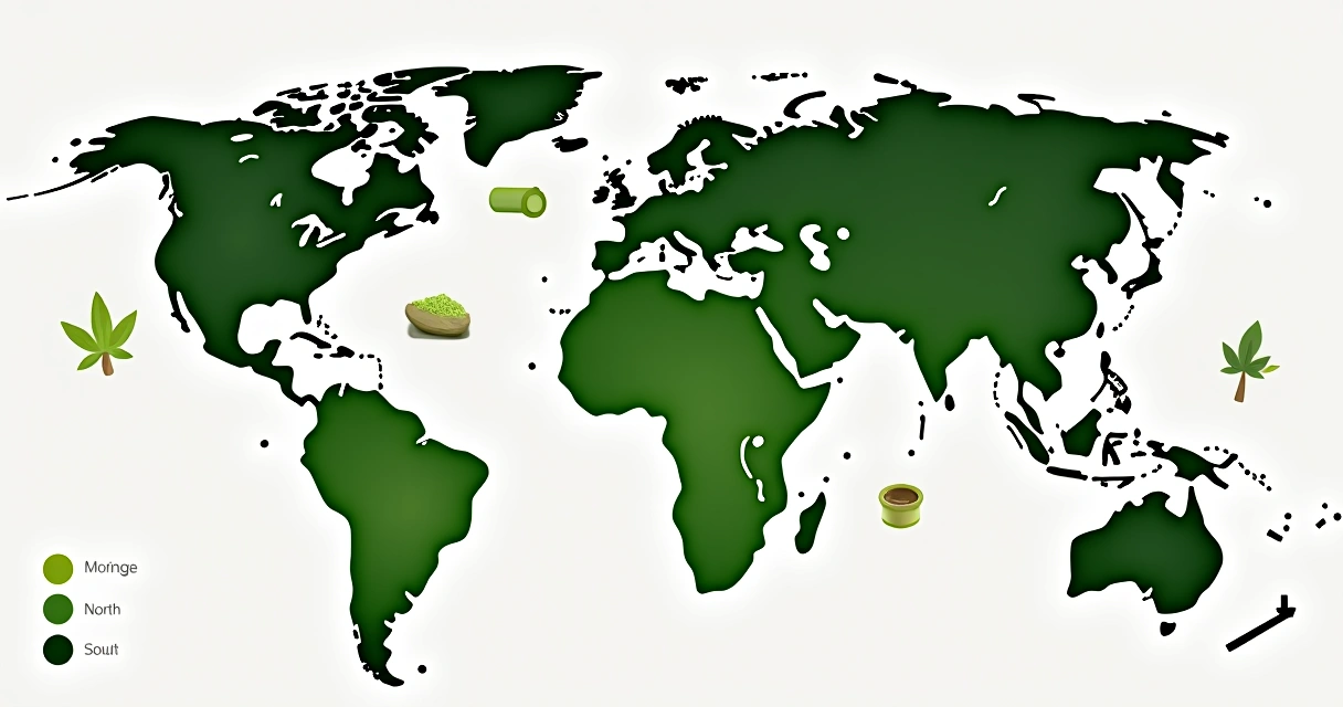 Mapa mostrando regiões de produção e consumo de moringa em destaque 