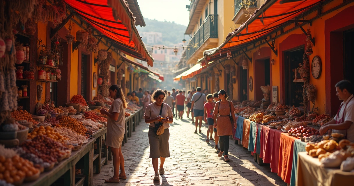 Mercado com produtos regionais e turistas em Morretes 