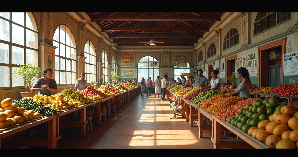 Mercado municipal de Ilhéus com frutas e cacau expostos