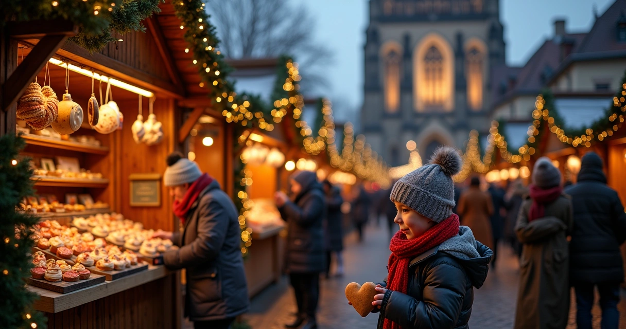Mercado de Natal em Estrasburgo à noite, chalés iluminados e pessoas caminhando 
