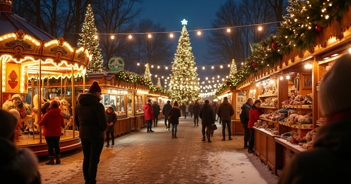 Barracas iluminadas na feira de Natal no Parque Tivoli em Copenhague