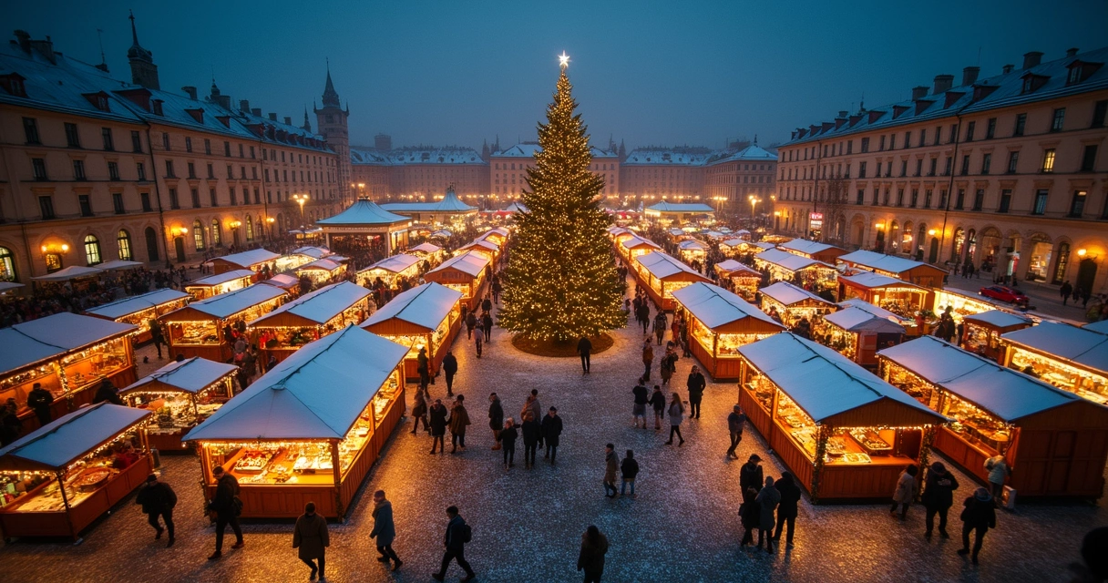 Mercado de Natal em Viena iluminado à noite 