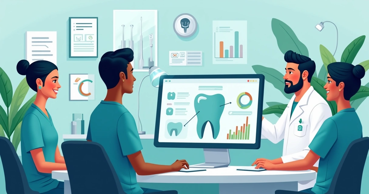 Profissionais odontológicos em ambiente de trabalho digital 