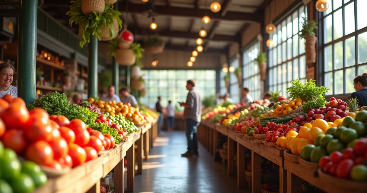 Bancas de frutas e legumes frescos em mercado de Orlando. 