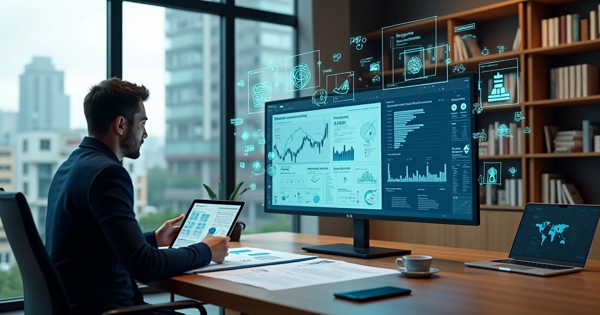 Profissional perito analisando documentos e dados digitais em ambiente jurídico moderno 