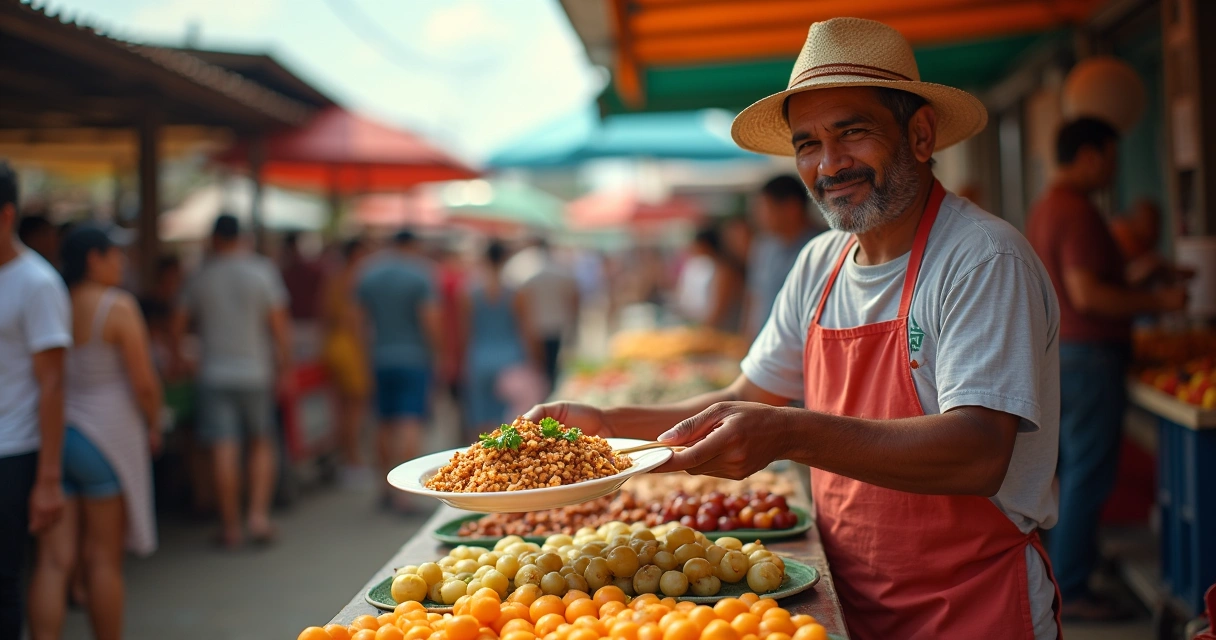 Mercado ao ar livre em Ponta Porã com barracas coloridas de alimentos típicos, sojaloco e pessoas explorando. Sabor comida típica do Mato Grosso do Sul