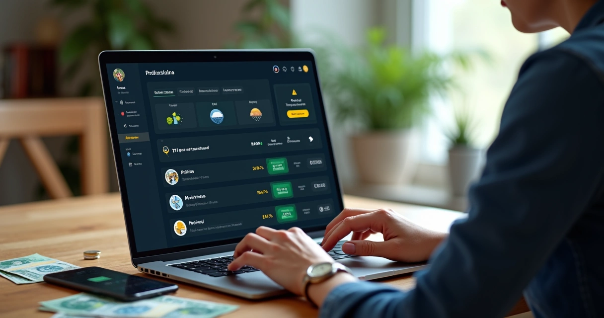Pessoa usando plataforma de prediction market em reais no notebook com gráficos e cédulas de real 