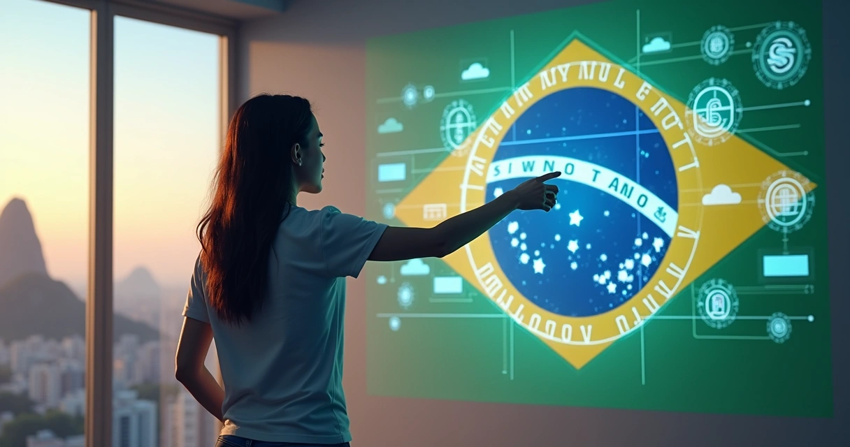 Pessoa interagindo com projeção de mercado no Brasil