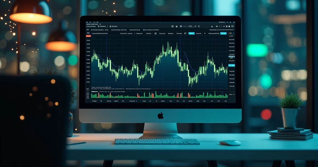 Tela de computador mostrando gráficos de contratos binários em mercado preditivo financeiro com fundo escuro e elementos digitais azuis e verdes 