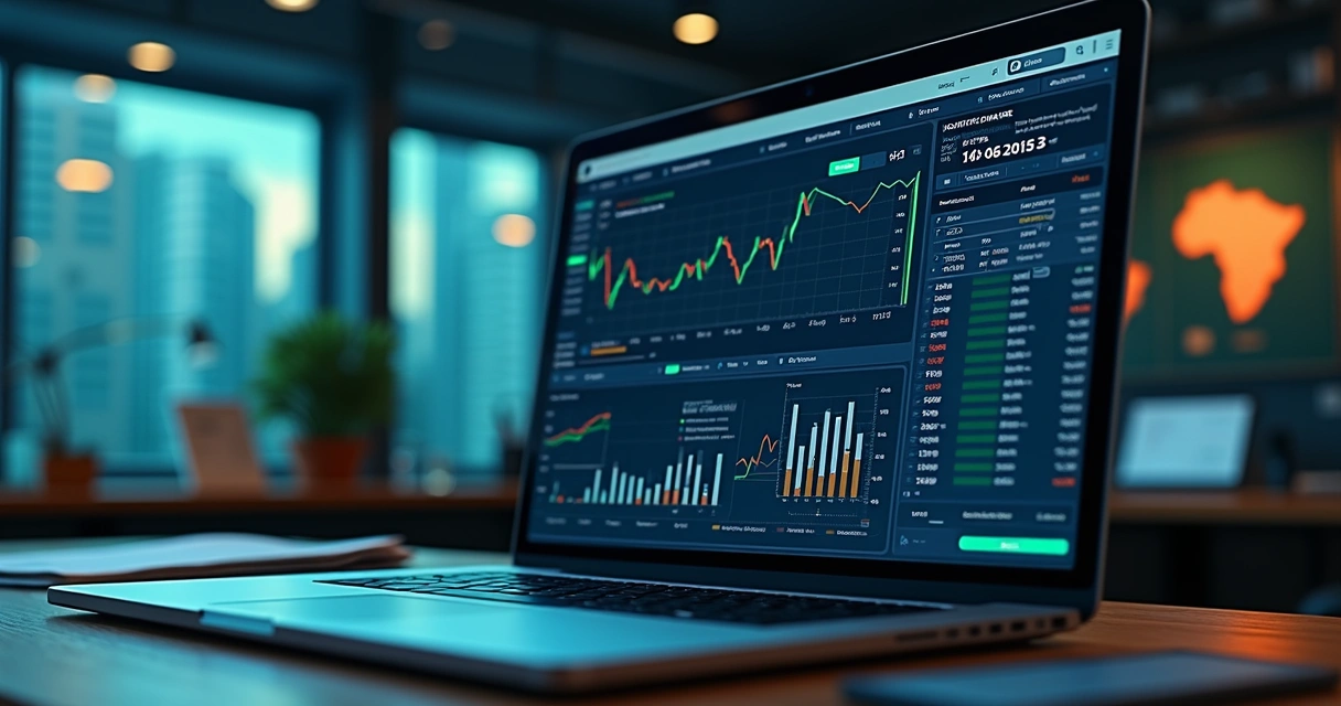 Tela de computador mostrando gráficos financeiros e contratos binários sobre eventos em um mercado preditivo 