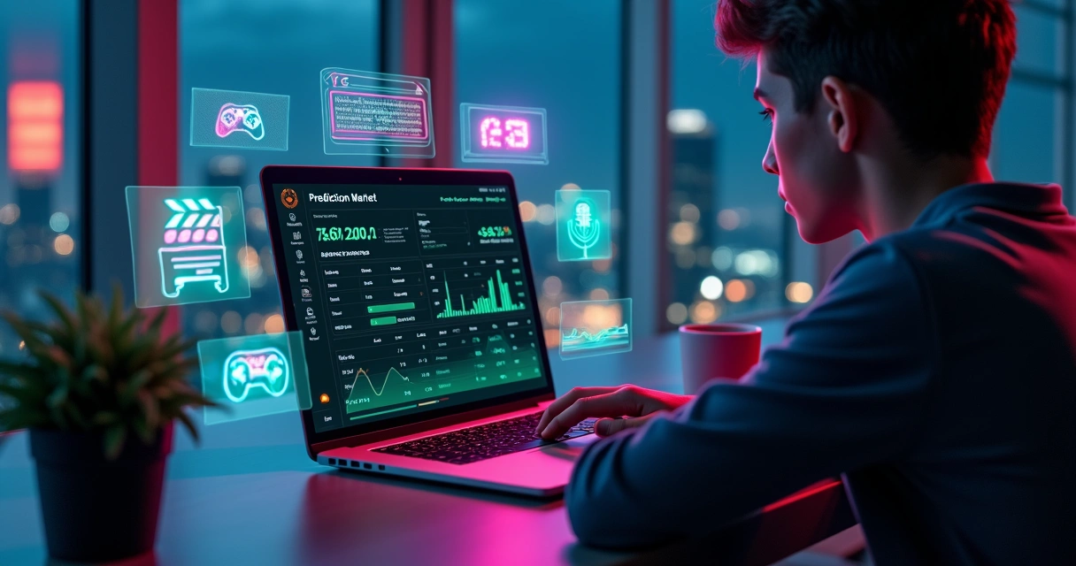 Pessoa usando notebook com gráficos de probabilidades e ícones de entretenimento em tela futurista 