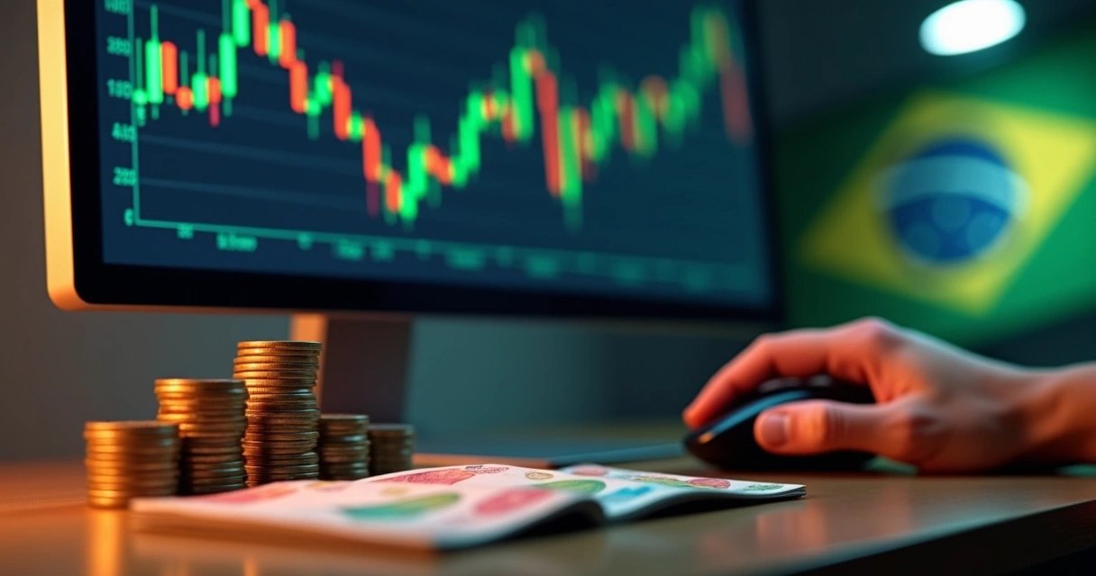 Tela digital mostrando gráficos de apostas e moedas reais brasileiras 