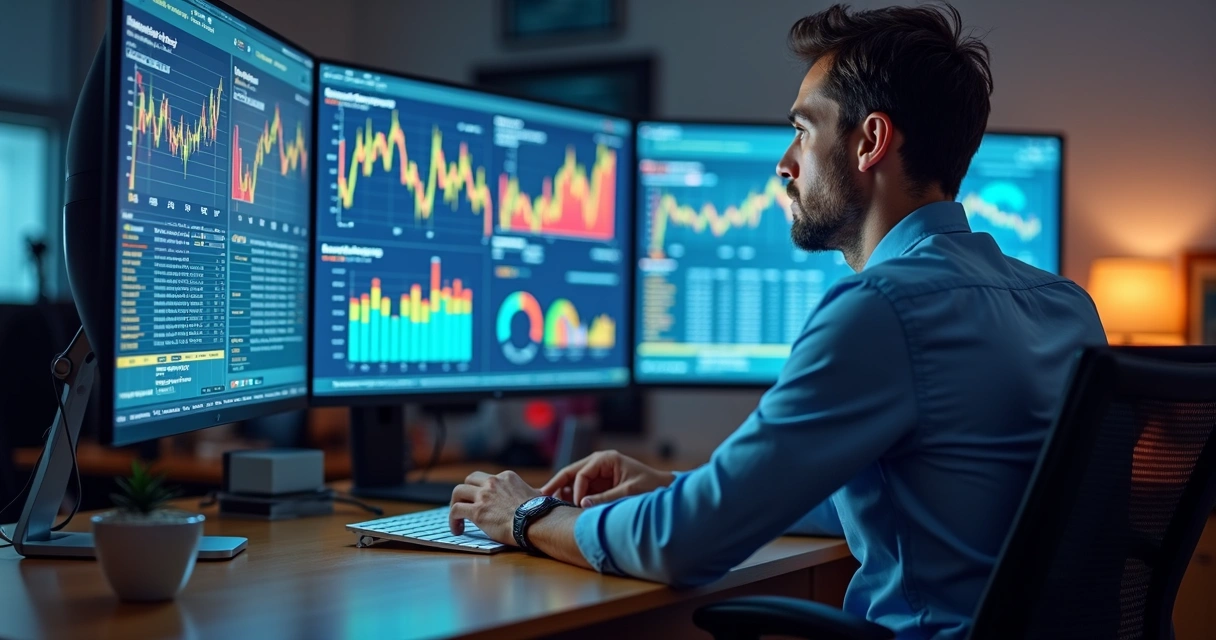 Pessoa analisando gráficos de previsão e estatísticas em múltiplas telas digitais 