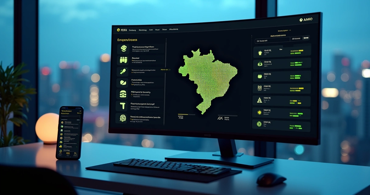 Mapa do Brasil em destaque com gráficos de probabilidades e ícones de política, esportes e clima 
