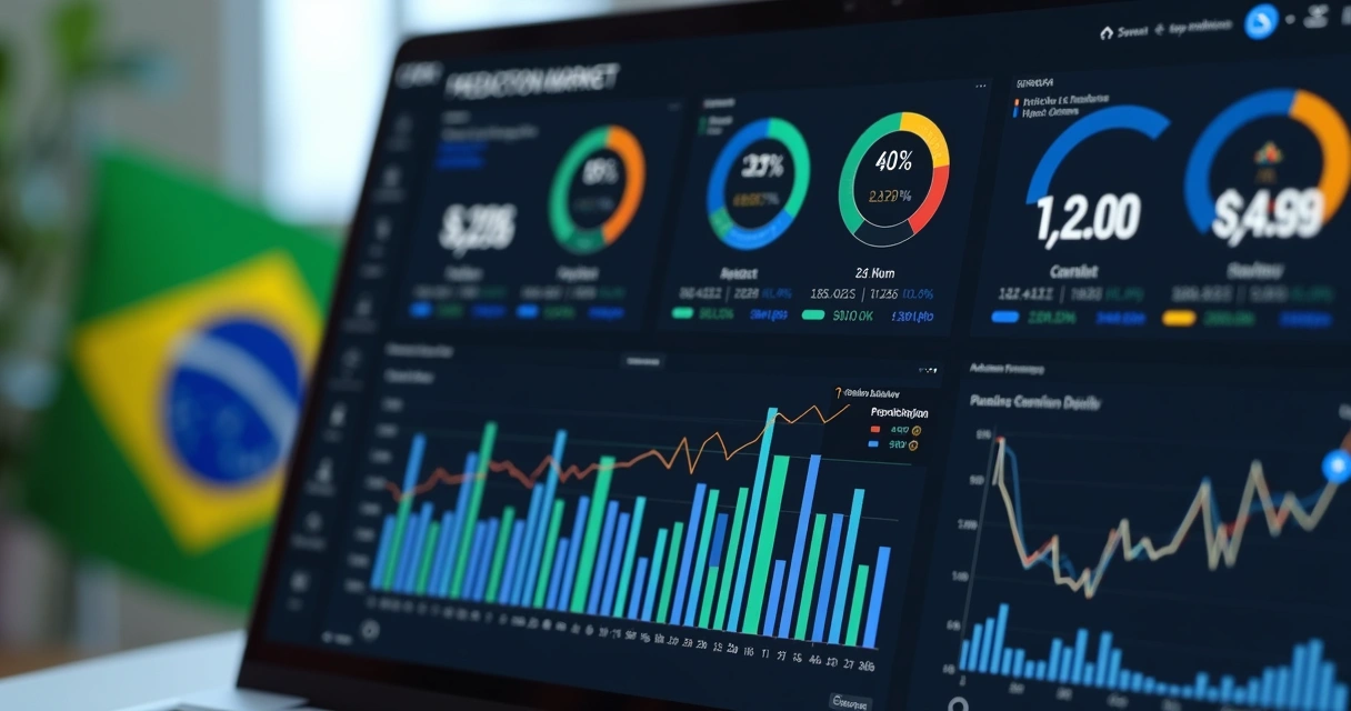 Interface digital mostrando gráfico de probabilidades e ícones de política, esportes e clima no Brasil 