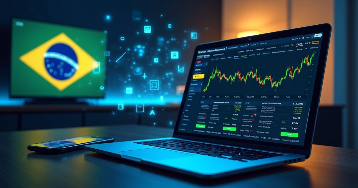 Gráfico digital de mercado de previsão em tela com bandeira do Brasil ao fundo 