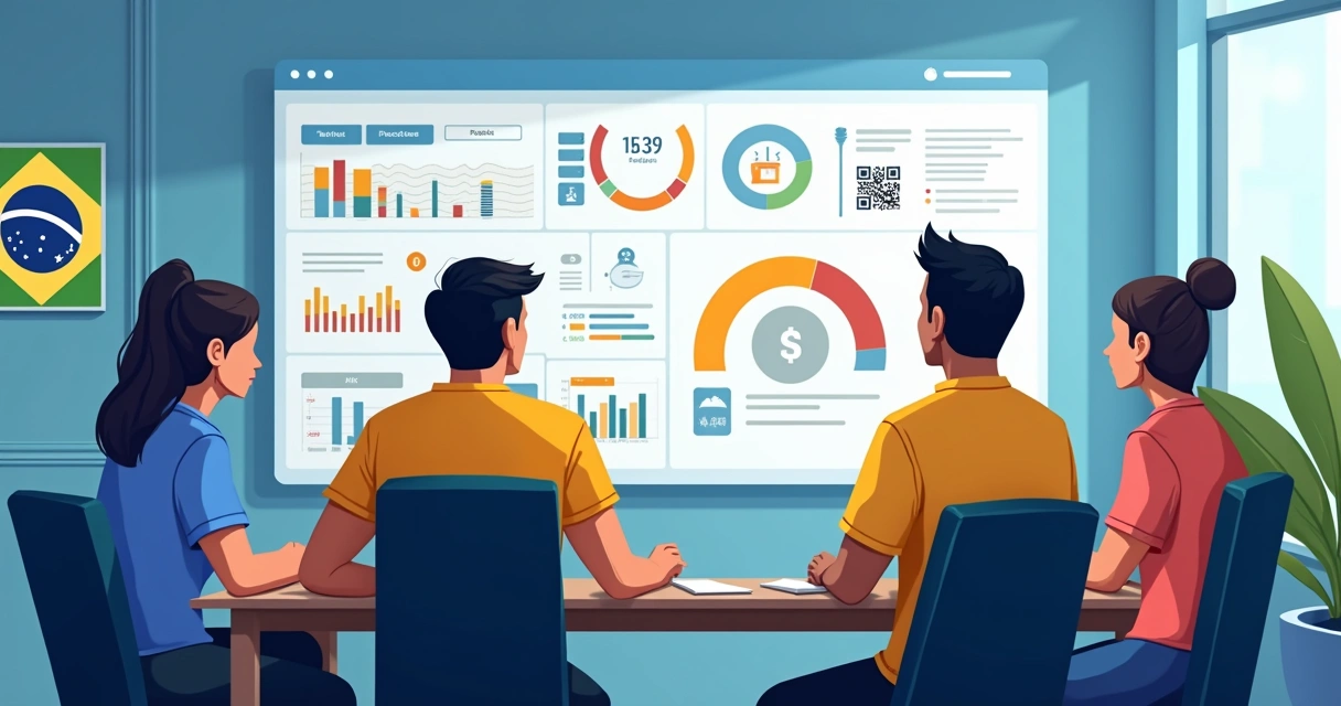 Pessoas analisando dados em tela digital sobre previsões de eventos no Brasil 