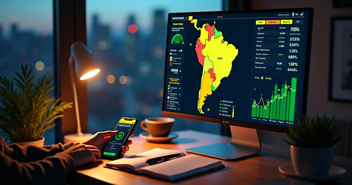 Tela de computador com mapa do Brasil e gráficos de previsão eleitoral 