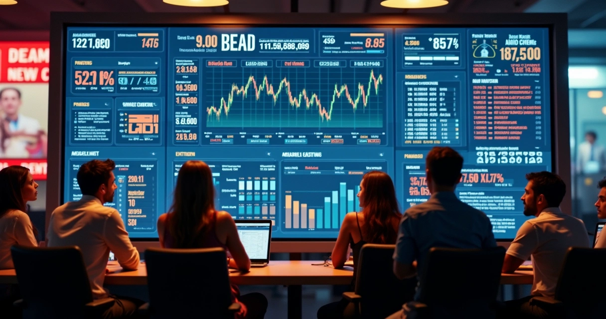 Painel digital com dados de previsões financeiras e notícias