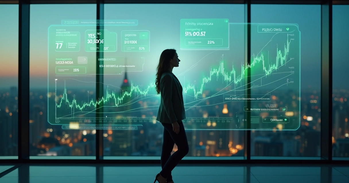 Mulher em frente a gráficos digitais representando mercados de previsão e tecnologia financeira 