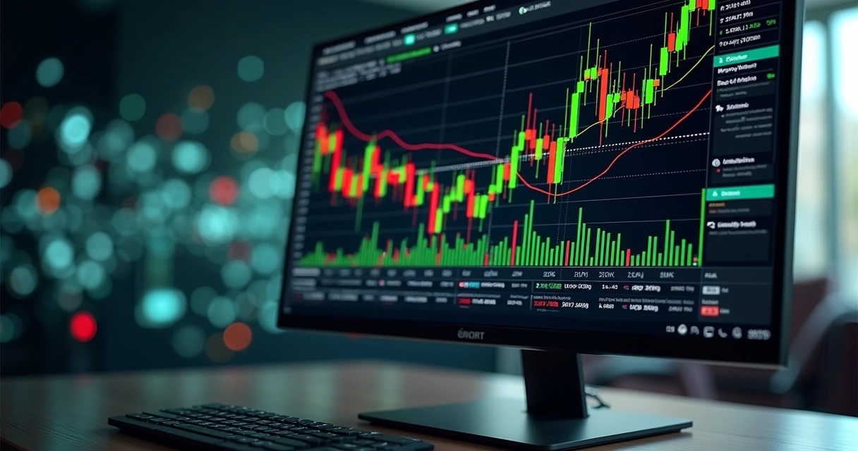 Tela de computador mostrando gráficos financeiros e indicadores de manipulação em mercado digital 