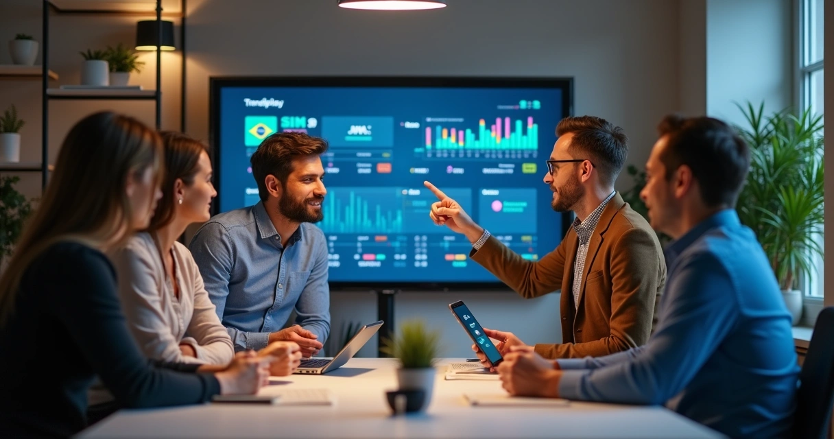 Pessoas em volta de uma tela analisando dados de previsão