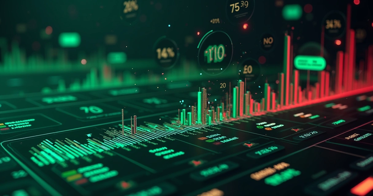 Tela digital exibindo gráficos e contratos binários de mercado de previsão online com interface moderna e elementos financeiros 