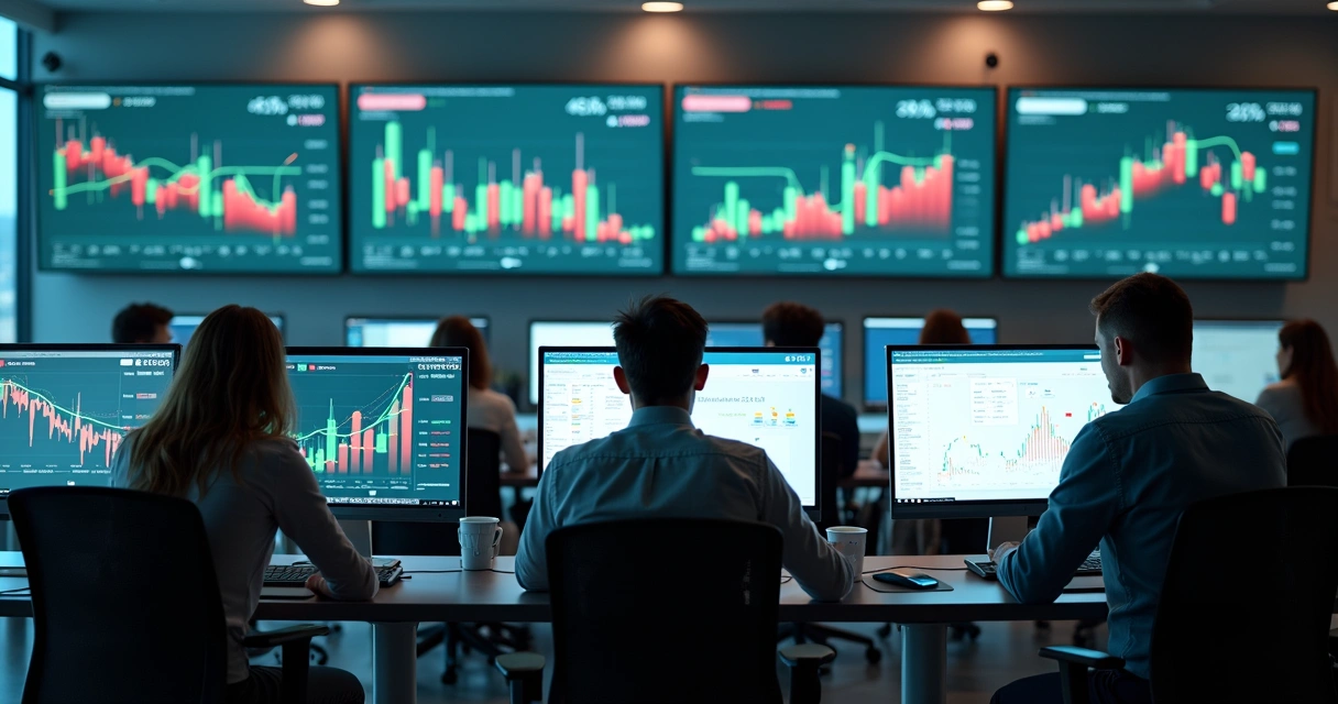 Pessoas acompanhando gráficos de previsão em computadores