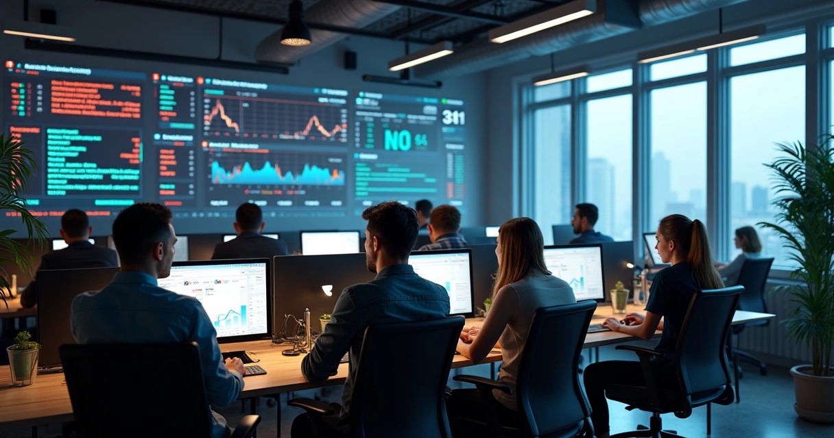 Pessoas olhando monitores financeiros, números em destaque, ambiente de startups