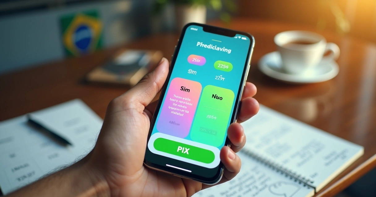 Tela de aplicativo no celular mostrando mercado de previsão com opções Sim e Não em reais e pagamento via PIX 