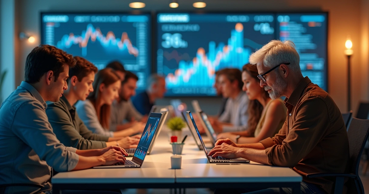 Usuários de diversas idades usando smartphones, mostrando gráficos de previsão e tópicos de redes sociais 