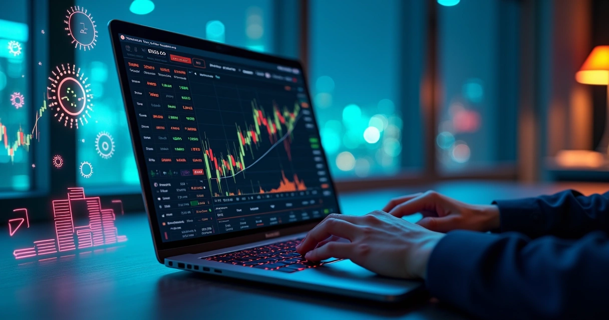 Tela de plataforma de mercado de previsões com gráficos e ícones de tecnologia 