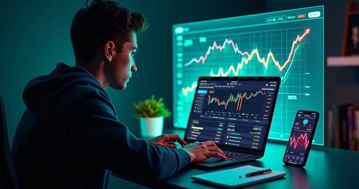 Pessoa analisando gráficos de tendências em um notebook com interface de mercado de previsão 