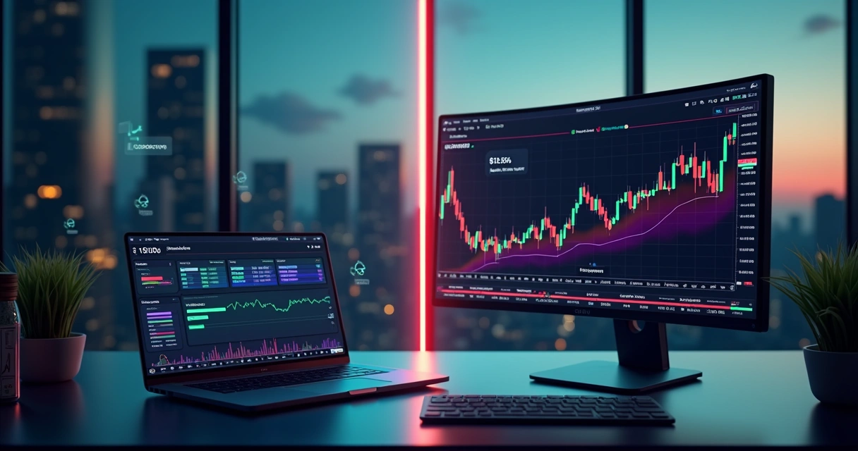 Tela dividida comparando mercado de previsão e bolsa de valores em ambiente digital moderno 