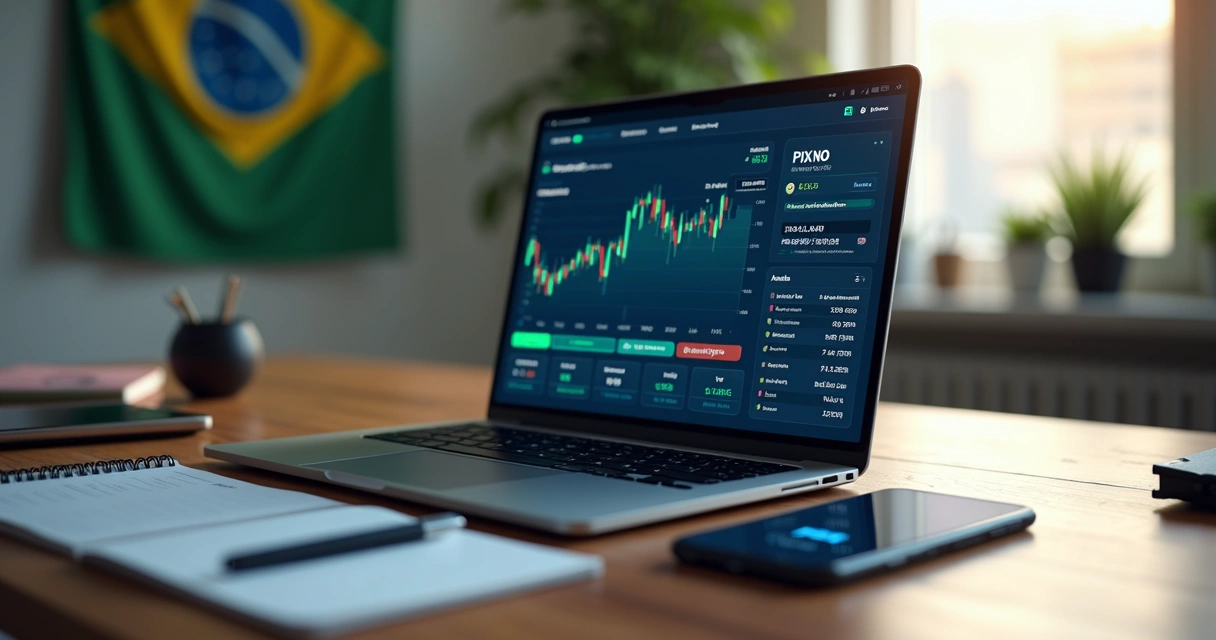 Tela de mercado de previsões em reais no notebook com gráficos e bandeira do Brasil ao fundo 