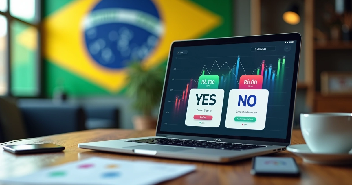 Gráfico de probabilidades em tela de notebook com bandeira do Brasil ao fundo 